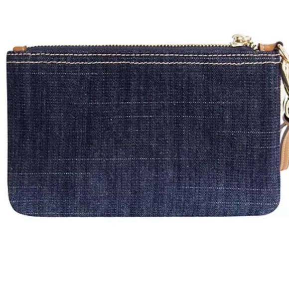 True Religion Denim Wristlet Clutch in Dark Blue with Brown Strap and Red Trim - Picture 3 of 4